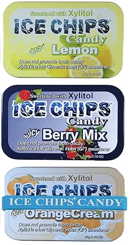 ICE CHIPS Xilitol Candy 6 latas (paquete de fruta) bajo en carbohidratos, sin gluten, incluye ICE CHIPS BAND como se muestra