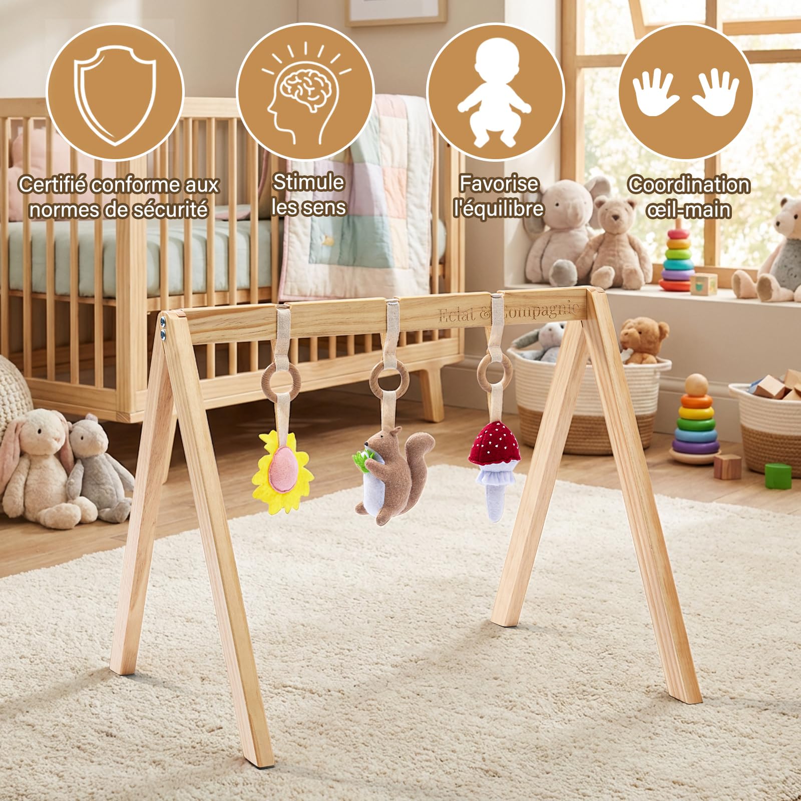 Eclat & Compagnie - Arche Éveil Bébé en Bois - Portique Montessori avec Logo Gravé - Structure Stable avec Vernis Naturel - Arche Bebe Cadeau Naissance et Anniversaire - 3