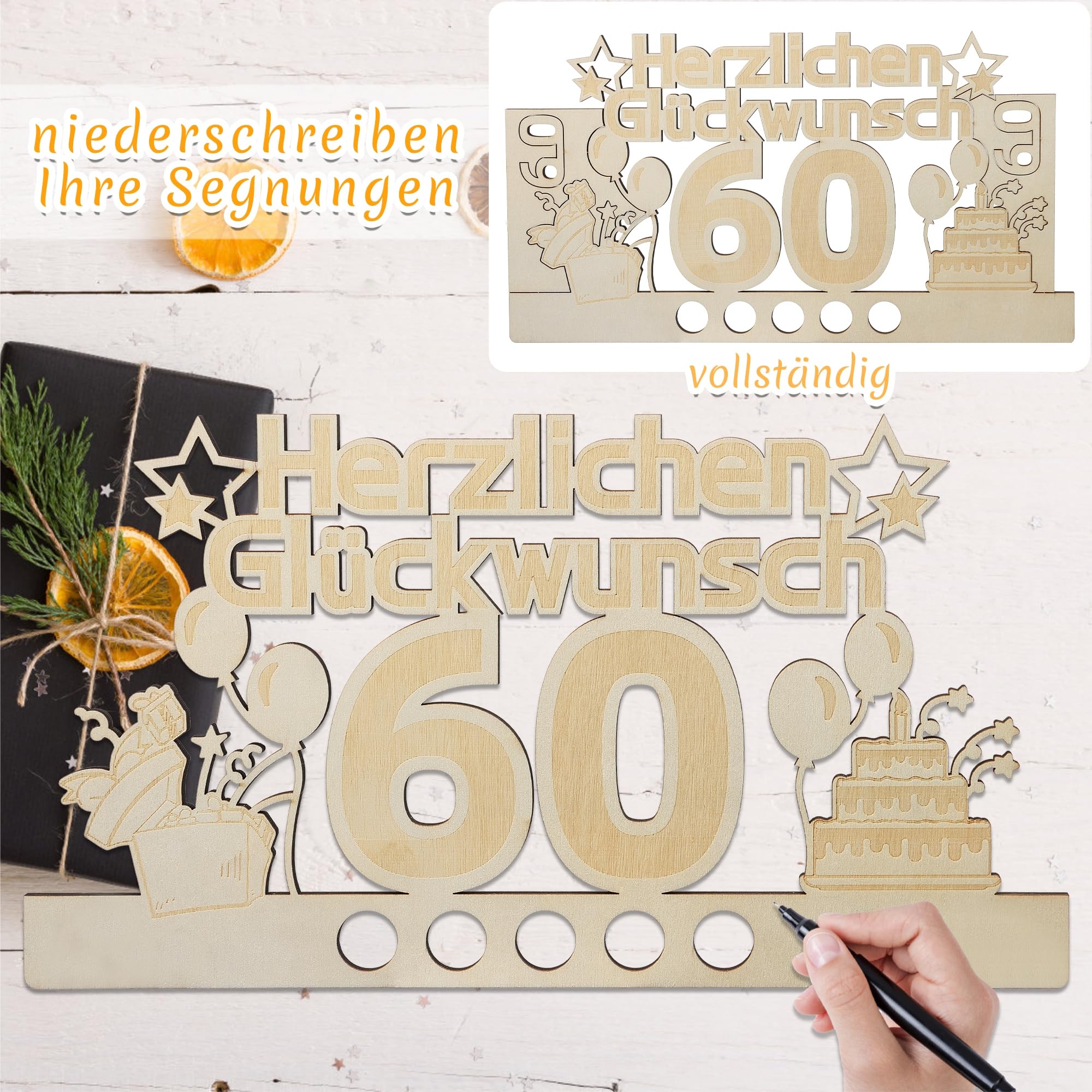 Regalo 60° Compleanno In Legno - Targa Personalizzabile Con Portabanconote, Decorazione Per Anniversari - Foto 7