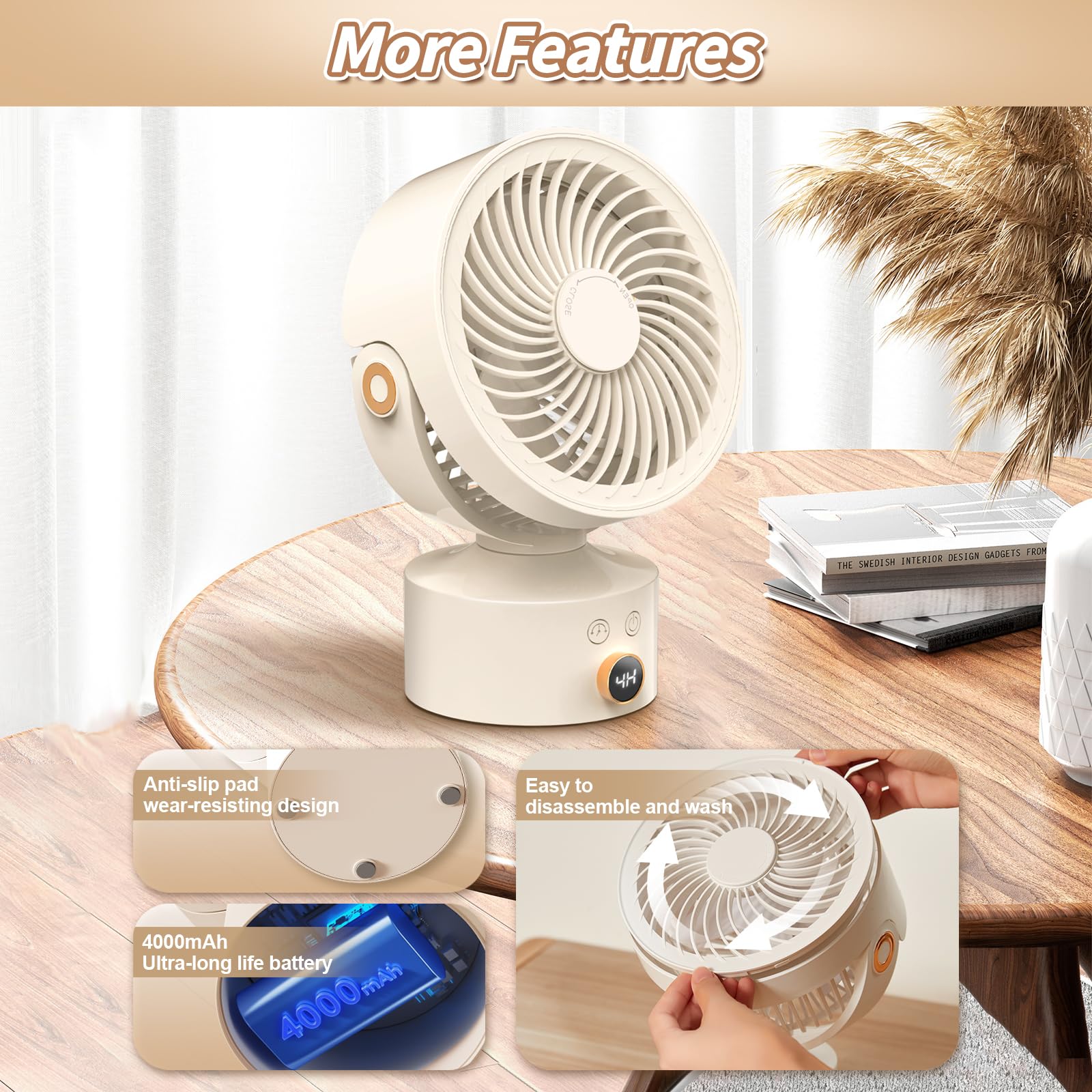 Ventiladores de escritorio para dormitorio, ventilador circulador de aire oscilante de 9 pulgadas, ventilador de mesa de 3 velocidades, inclinación ajustable de 120°, temporizador de 4H 7