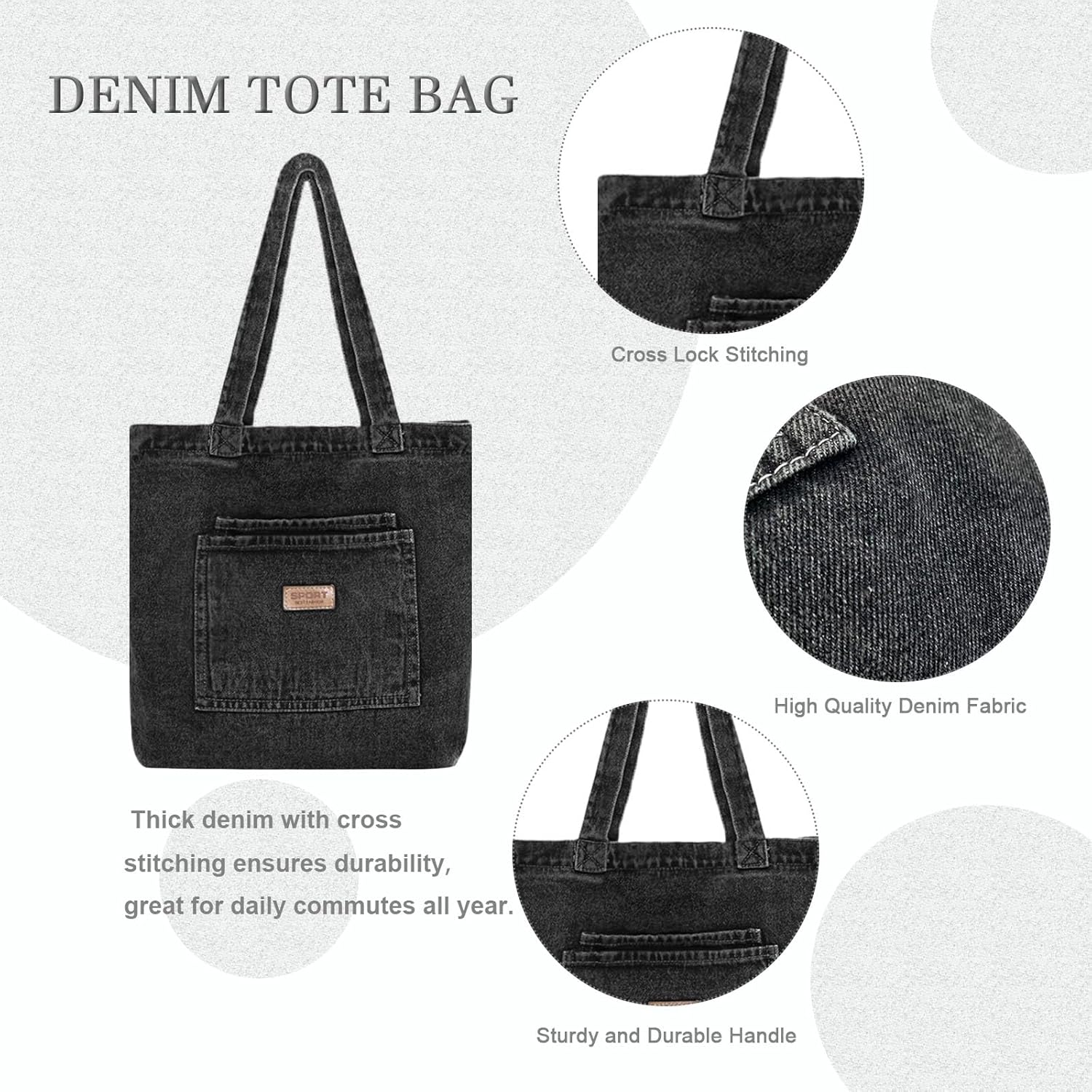 Denim Tote Bag for Women Men, Large Retro Canvas Denim Bags for Work Travel Nurse College Shoulder Bag Gift