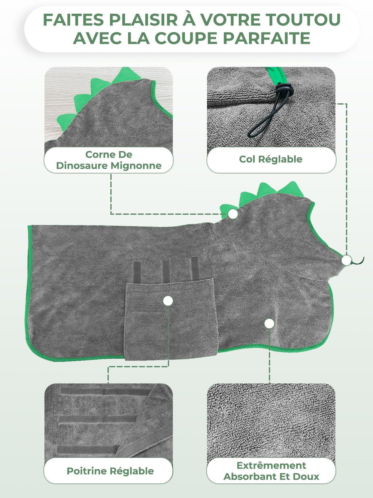 Peignoir pour Chien en Microfibre, Bibykivn Serviette pour Chien Super Absorbante, Lavable Serviette pour Animaux Peignoir de Bain, Réglable Peignoir pour Douche Natation (Gris Vert, XL)