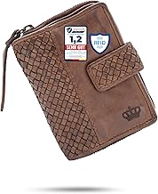 Baur Women's Purse Made of Extra Soft Wash Leather - Hand-Woven Distressed Look Wallet with RFID Protection - Small Wallet with Many Card Slots & Zip Coin Compartment (Dark Brown)