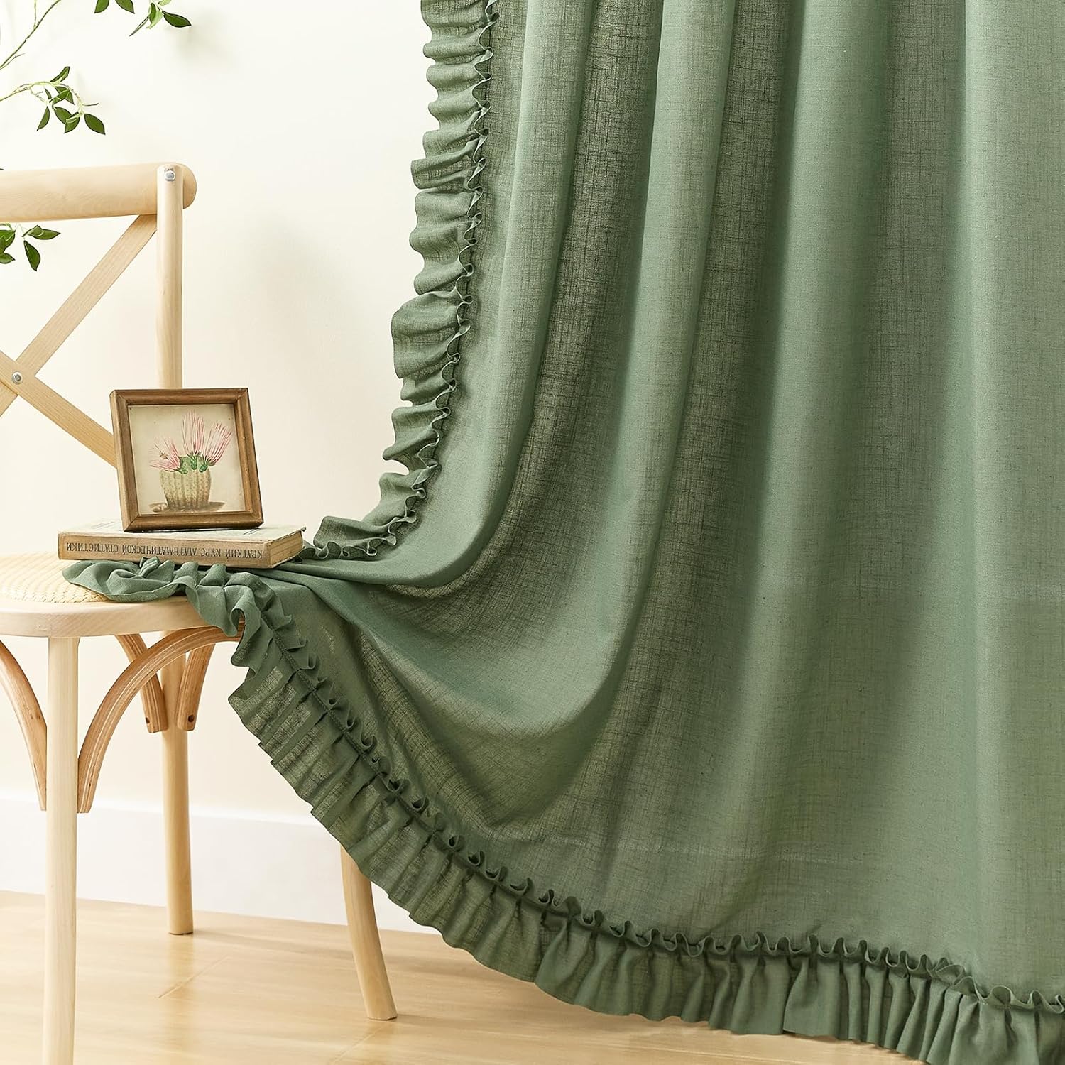Dark Sage Green Linen Curtains 63 Inch Length, 2 Panels, W58 x L63 In, Linen Textured Boho Farmhouse Ruffle Curtains for Bedroom, Rod Pocket Privacy Light Filtering Semi-Sheer Flowy Scalloped Curtain