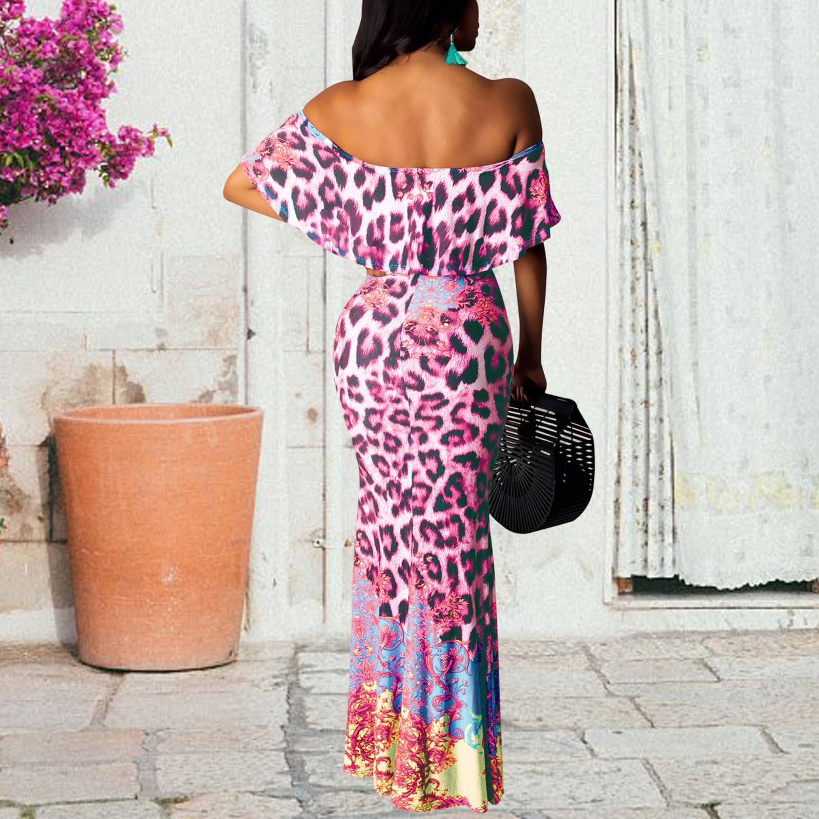 Robes maxi moulantes sexy à épaules dénudées avec volants pour femmes - Robe de soirée élégante froncée - Robe longue de bal de fin d'année et de fête, rose, Taille M