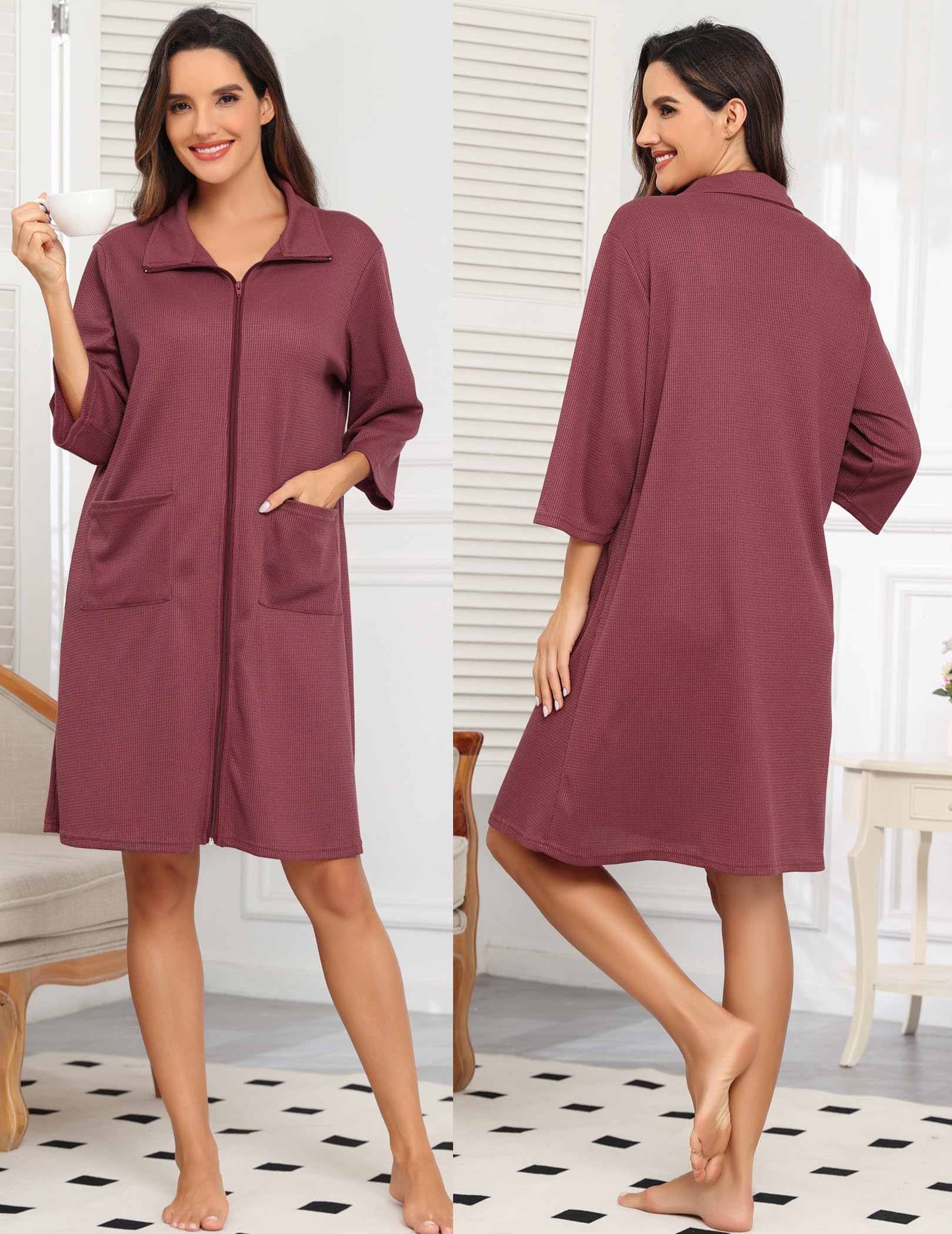 Lovasy Peignoir Femme à Fermeture Éclair Robe de Chambre Court en Tricot Gaufré Kimono Doux et Léger Longueur du Genou Loungewear avec Poches