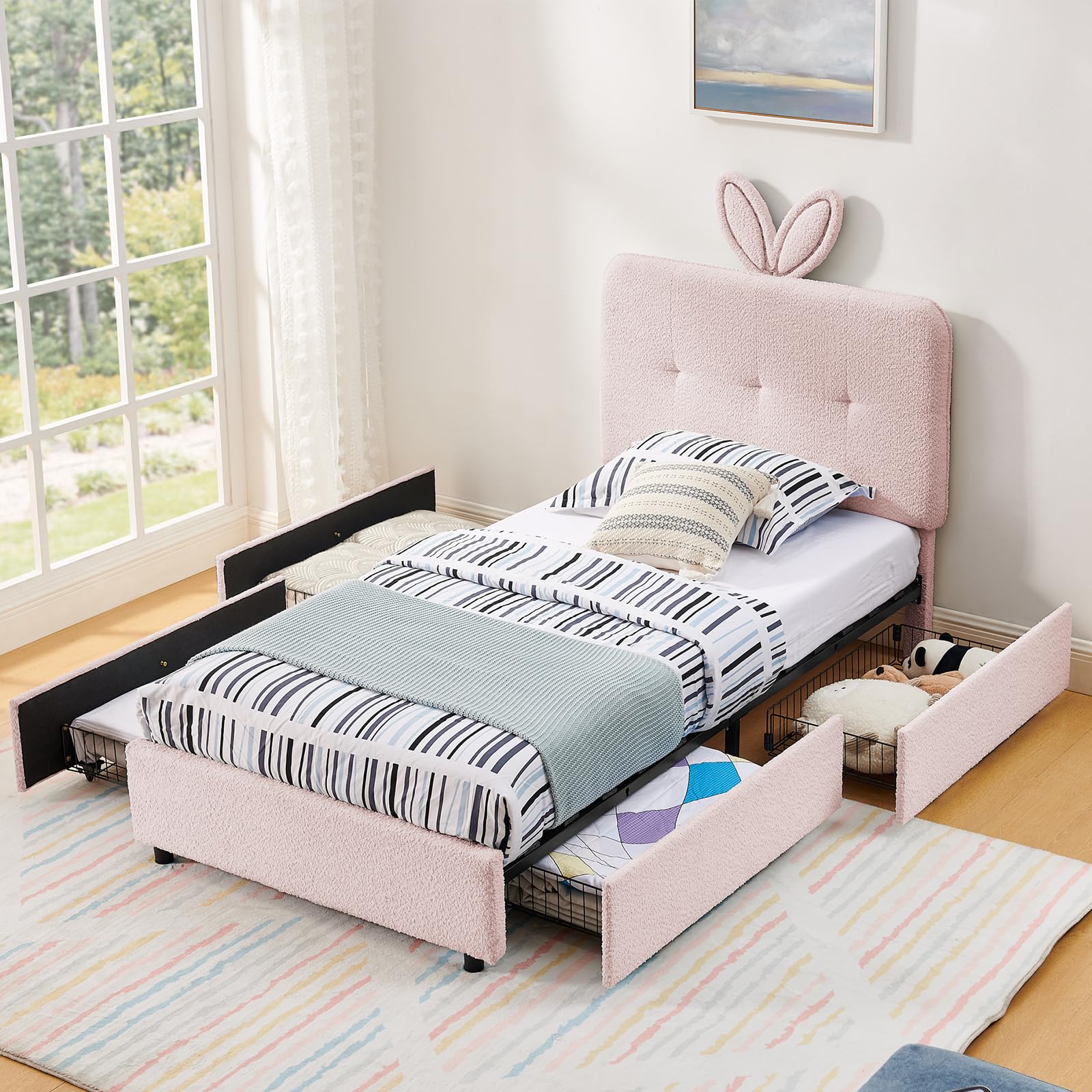 Twin Led Bed Frame with 4 Storage Drawer, Upholstered Platform Floor Bed with Rabbit Ear Headboard Daybed Strong Wooden Slats No Box Spring Needed for Kids Girls Boys, Pink
