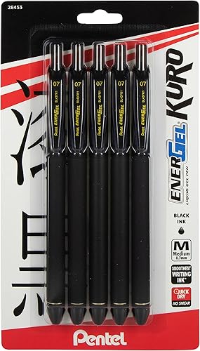 Pentel EnerGel Kuro - Bolígrafo de gel líquido, (0.028 in) línea media, tinta negra, paquete de 5