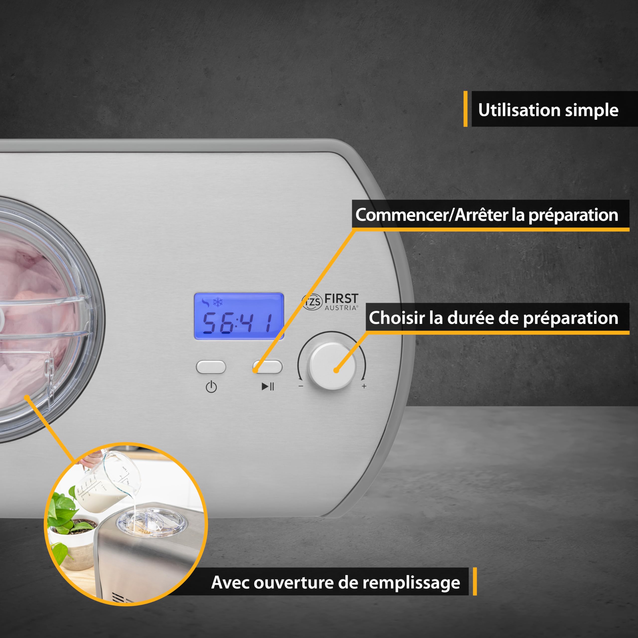 TZS First Austria Sorbetière 1,2L - 135W - Compresseur et Fonction Réfrigérante - Machine à Glace pour Crème Glacée, Sorbet ou Frozen Yogurt - Acier Inox - Gris