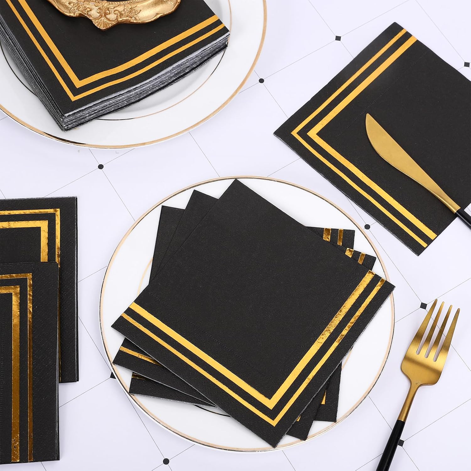 Whaline 100 Pcs Gold and Black Cocktail Napkins Gold Foil Paper Napkin Thick Disposable Dessert Beverage Napkin for Birthday Anniversary Graduation Holiday Party Supplies