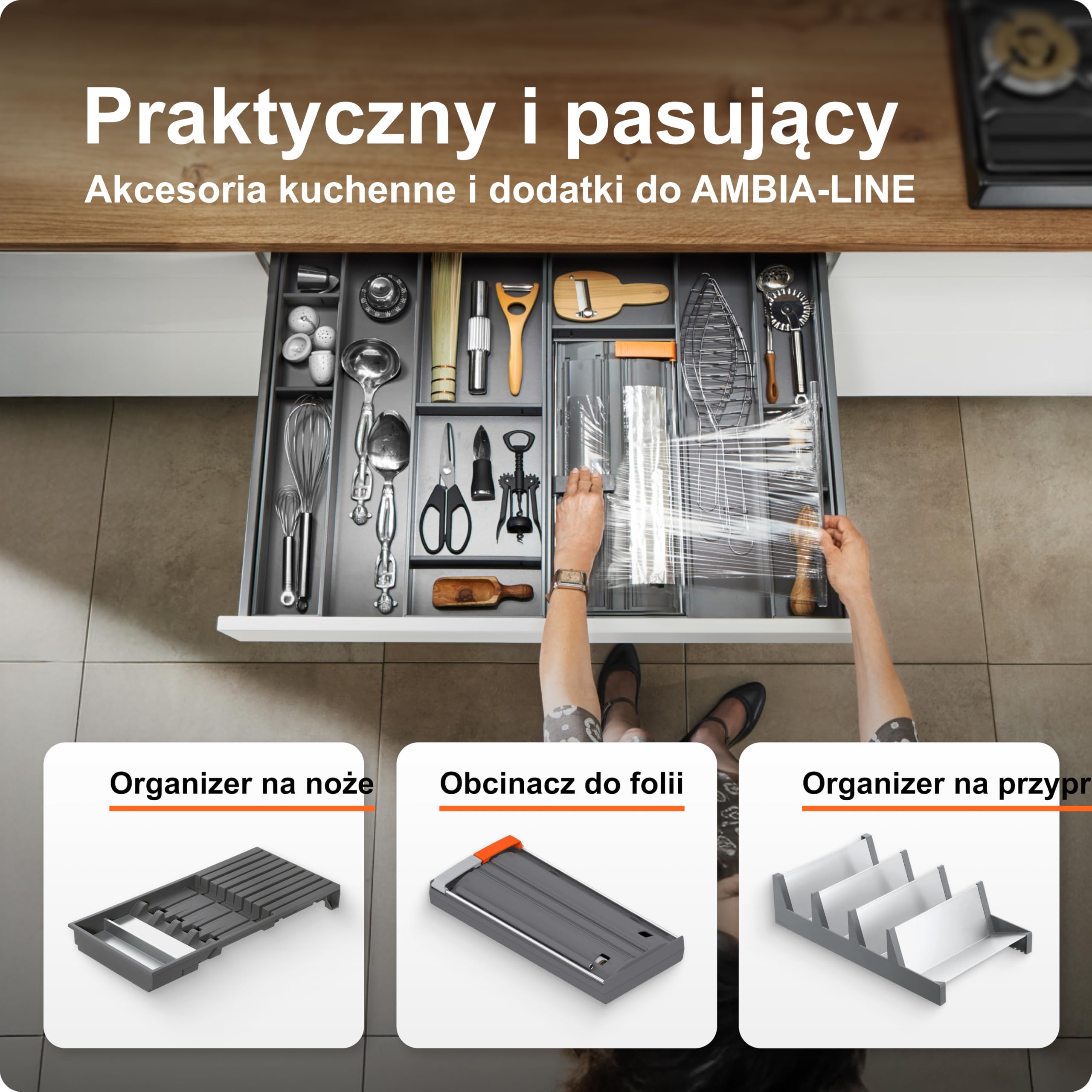 blum AMBIA-LINE wkład na sztućce | premium organizer szuflady do nowoczesnych kuchni i mebli | porządkuje sztućce | z nóżkami antypoślizgowymi | 47 × 30 × 5 cm | Dąb Bardolino