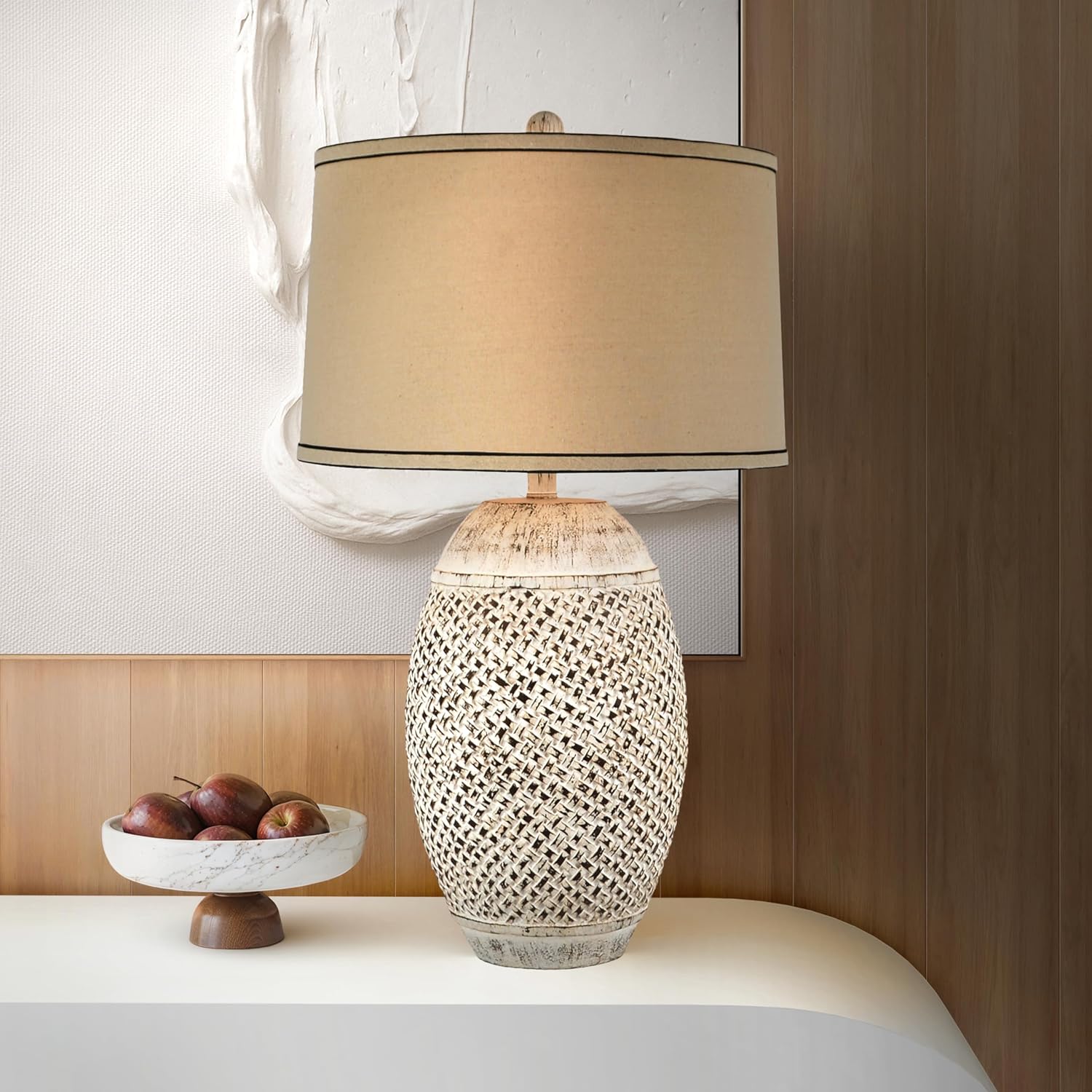 Abani Table Lamp Gaia Carved Lattice 27” – Coastal Cream Resin Base with Wheat Linen Shade – E26 Bulb Included – Elegant Desk Lamp for Bedroom, Living Room Lamp, Dorm or Nightstand