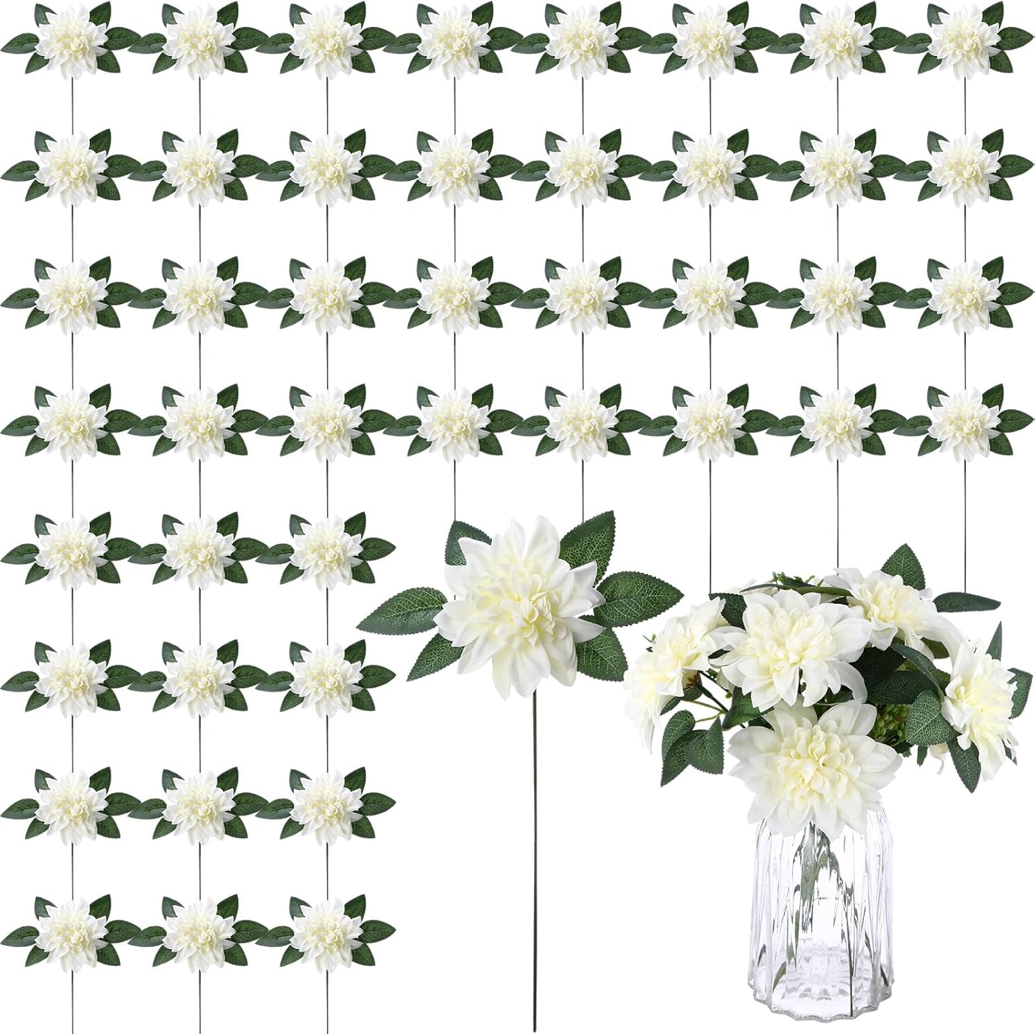 XunYee 50 Pack Artificial Wedding Dahlia Flowers Bulk Silk Dahlias with Stems and Green Leaves Fake Flora Decoration Faux Bouquets for DIY Bridal Shower Wedding Party(White)