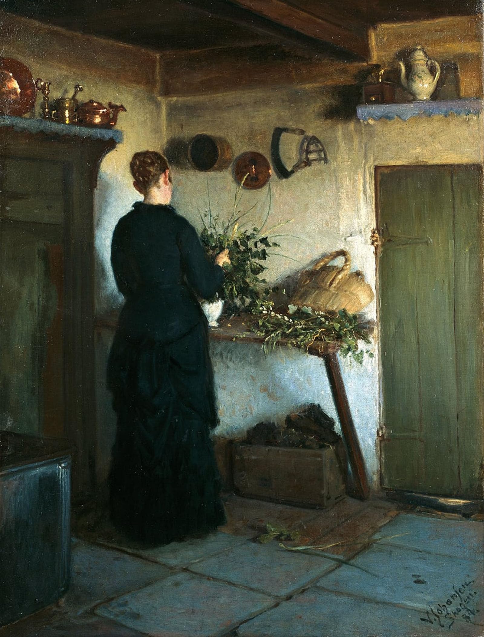 RZHRHJES Abstract Painting Poster Art Print Canvas Print Poster Kitchen Interior the Artists Wife Arranging Flowers by Viggo Johansen Landscape Canvas Painting for Home Decor 60x90cm