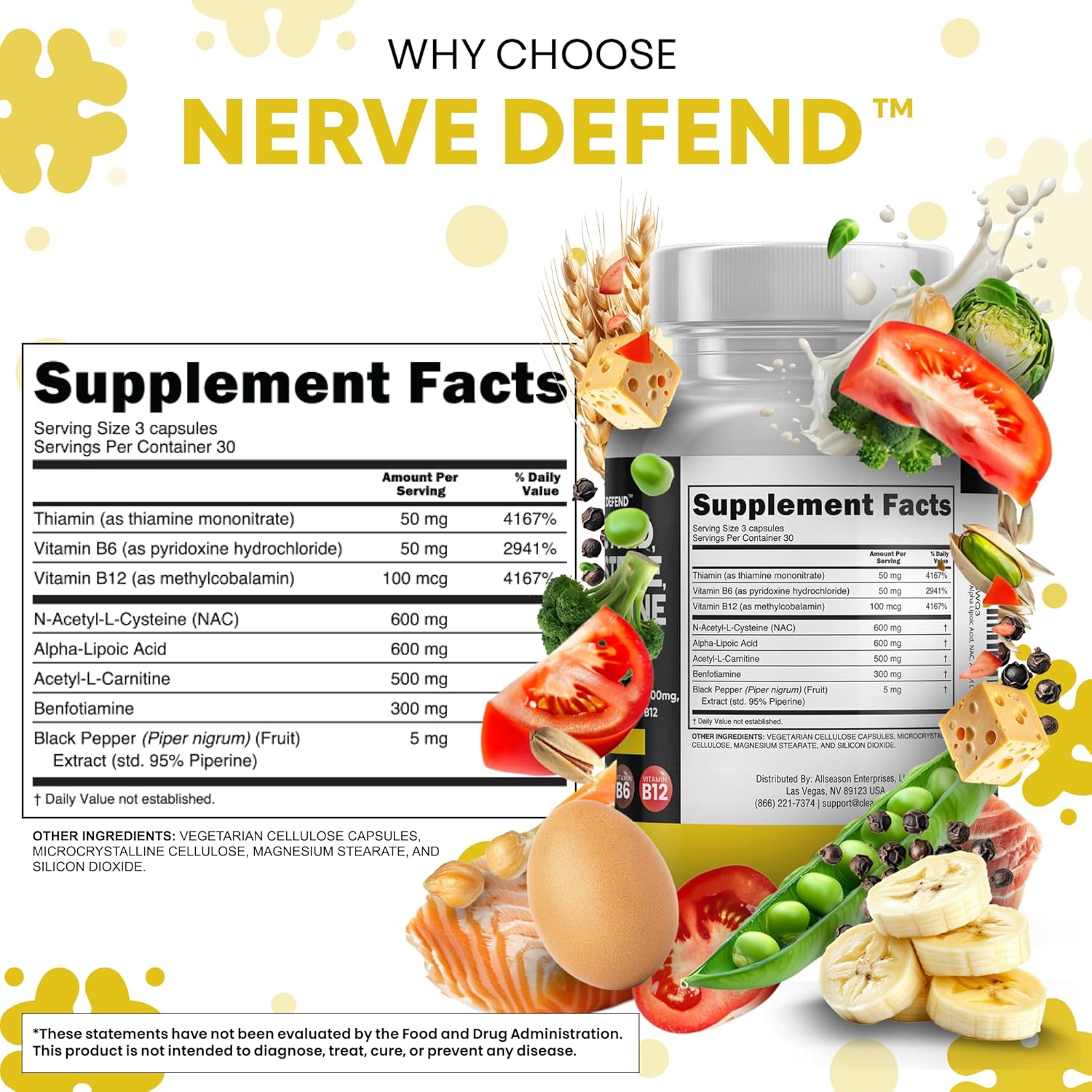 Alpha Lipoic Acid 600mg N-Acetyl Cysteine 600mg Acetyl L-Carnitine 500mg Benfotiamine 300mg - Nerve Support Supplement for Women and Men with Vitamin B1 B6 & B12 - Made in USA 90 Caps