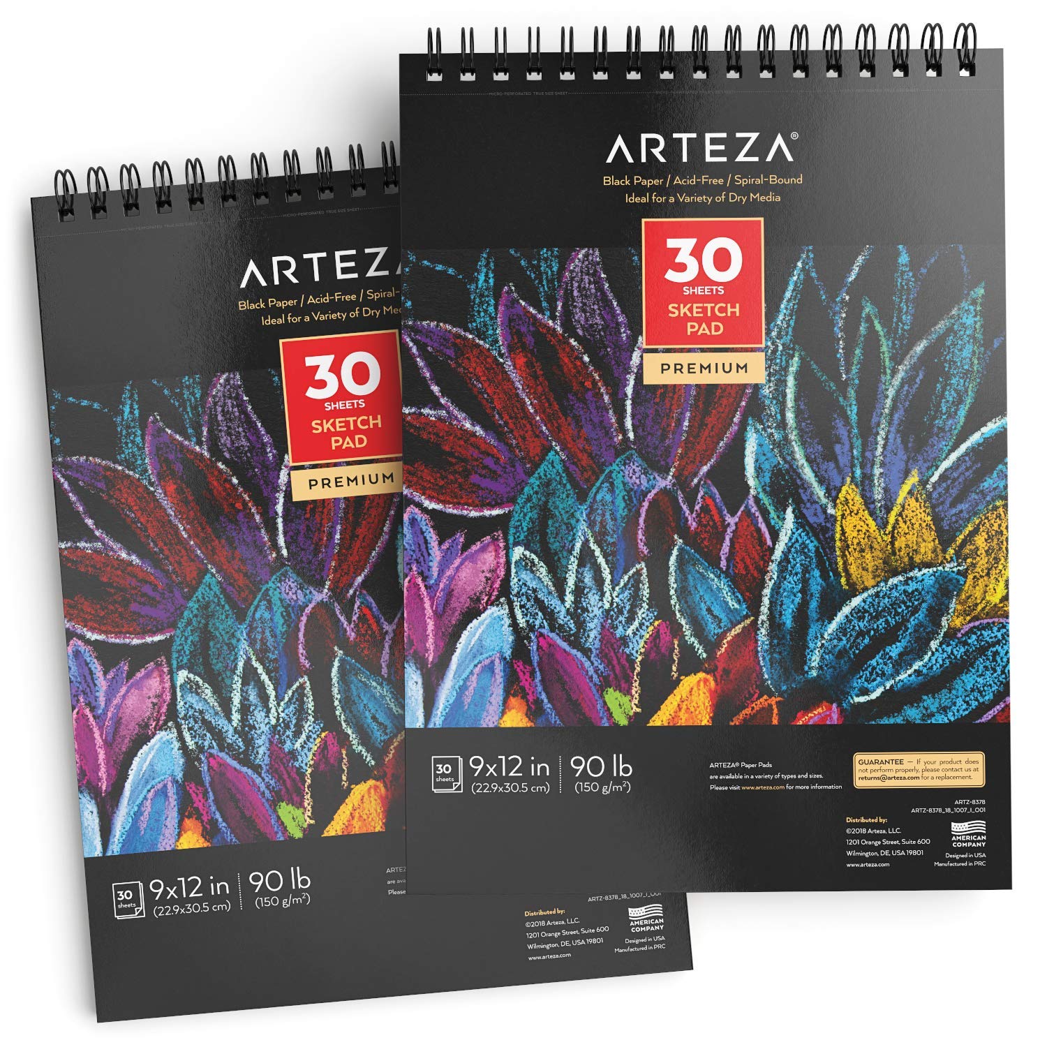 ARTEZA Spiral Sketch Book 9x12 Black Art Paper Drawing Pad 2 Pack 30 Sheets Sketch Pads for Drawing