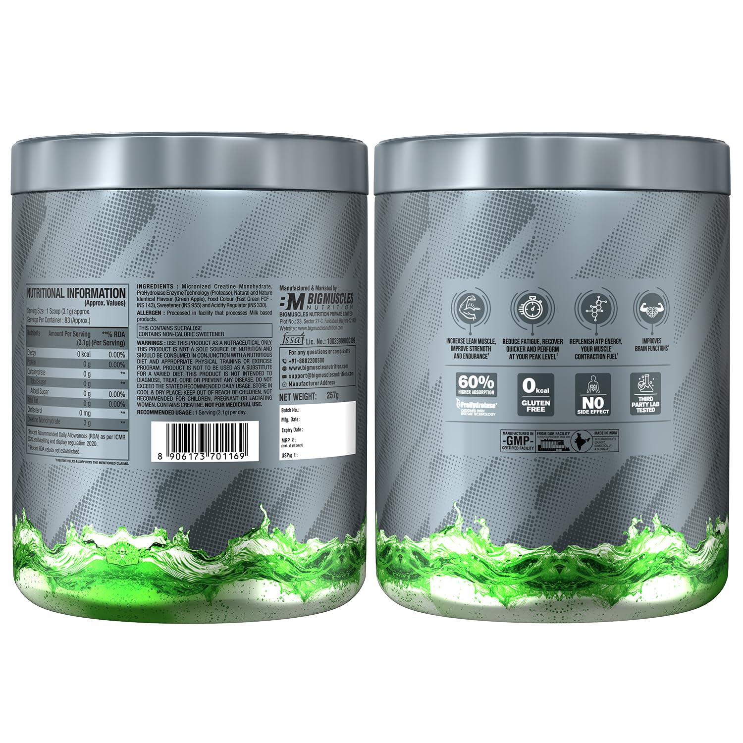 Bigmuscles Nutrition Creatine [257g, 83 Servings] | Green Apple | Micronized Creatine Monohydrate To Support Lean Muscle Repair & Recovery, powder, 1 count — Amazon image 4