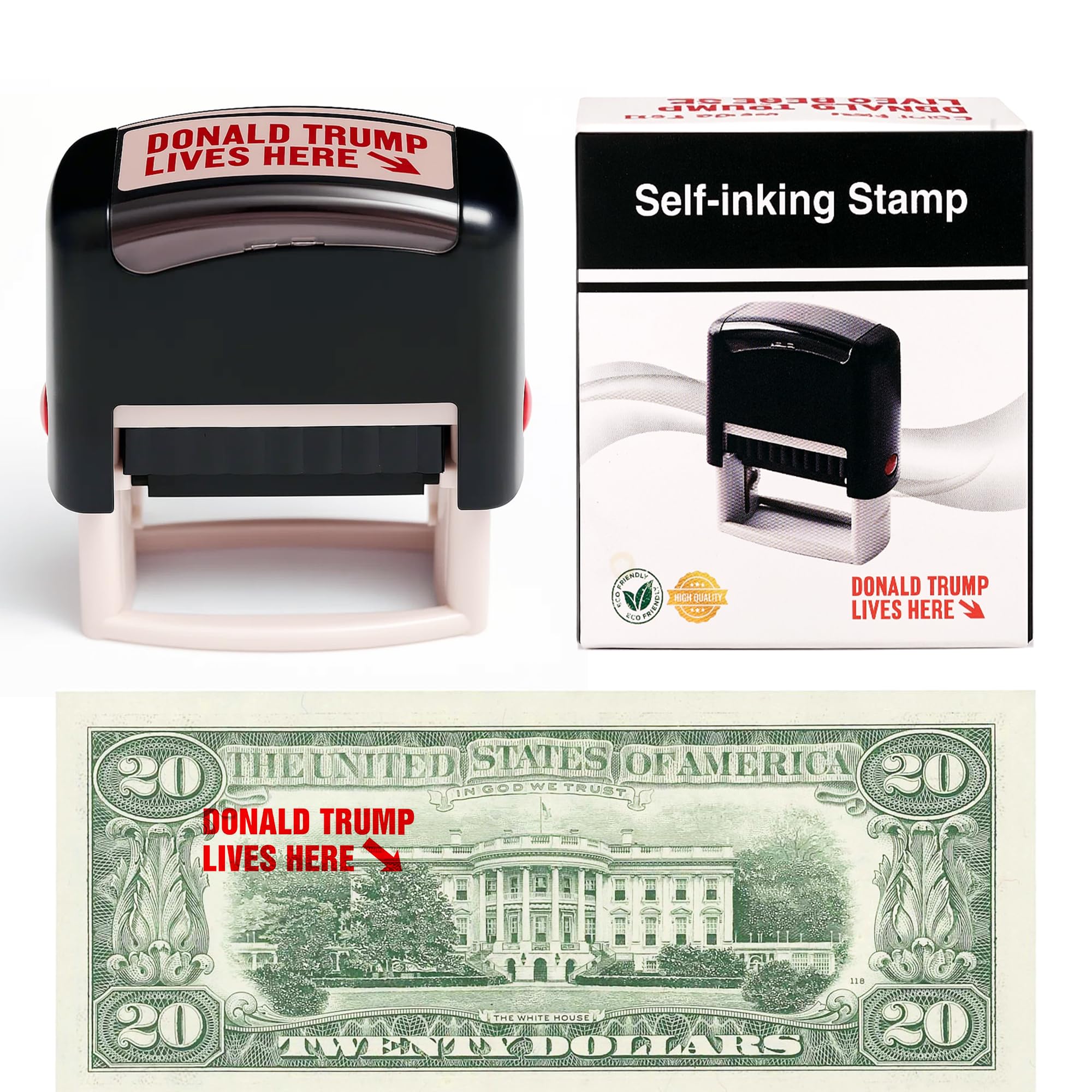 Photo 1 of Donald Trump Lives Here Stamp - Self Inking Red Ink Stamp for Money, Office Supplies, Election Party Decorations, Novelty Gift, Trump Merchandise, Funny Political Office Supply (1 Pack)