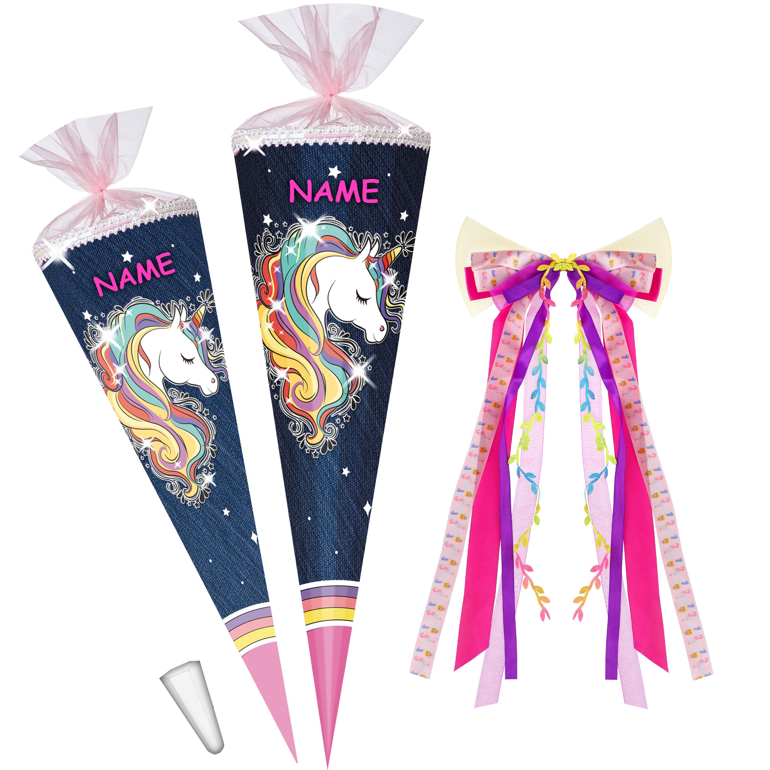 alles-meine.de GmbH mit Glitzer & Glimmer ! Schultüte - Einhorn - Regenbogen Mähne 70-100 cm Größe wählbar inkl. Name - + Kunstoff Spitze + Schleife - Tüllabschluß/Fi..