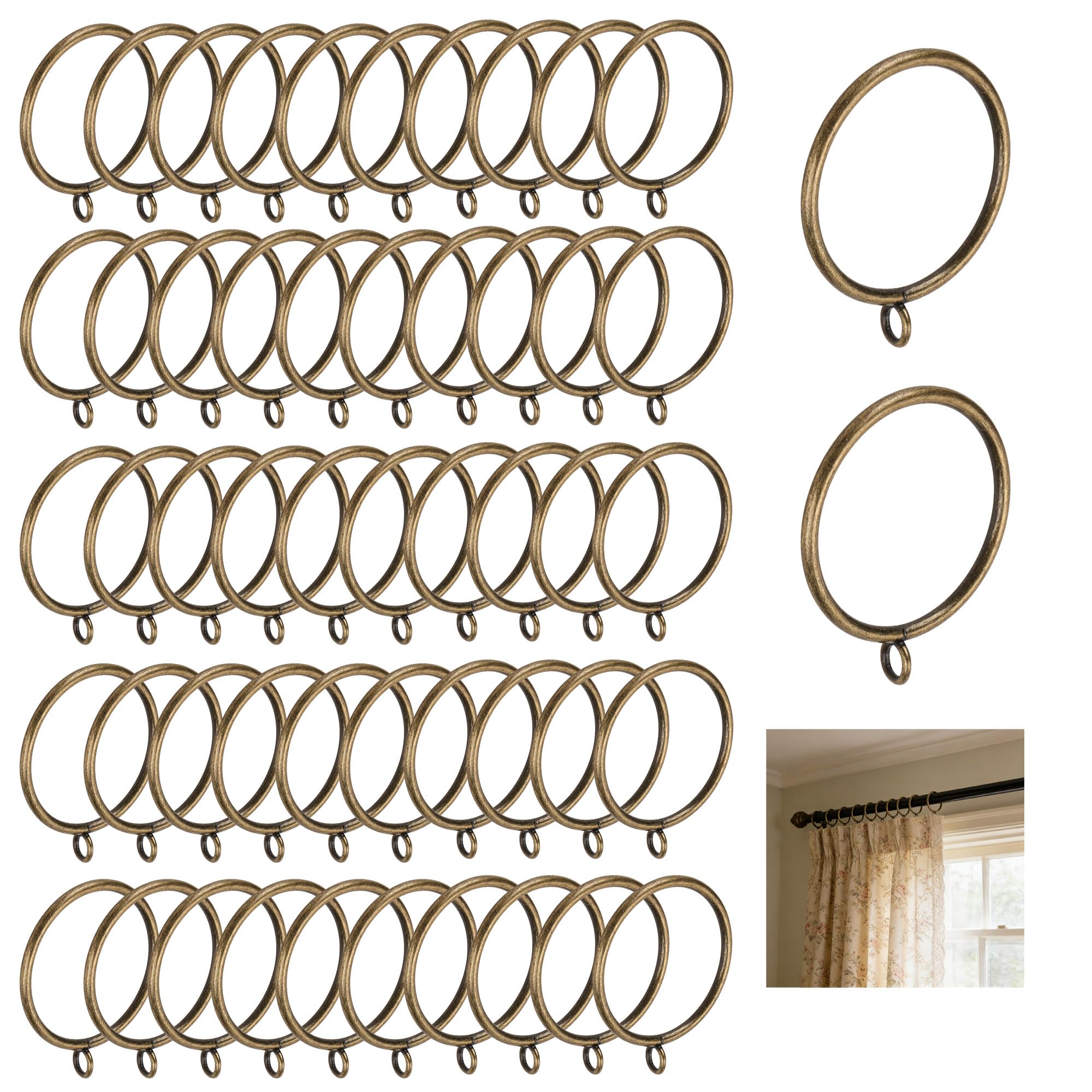 WENLISELL 50 PCS Brass Curtain Rings 50mm, Curtain Rail Rings Brass with Eyelet for Hooks, Metal Curtains Hoops Rod Ring for Window Door Shower Hanging