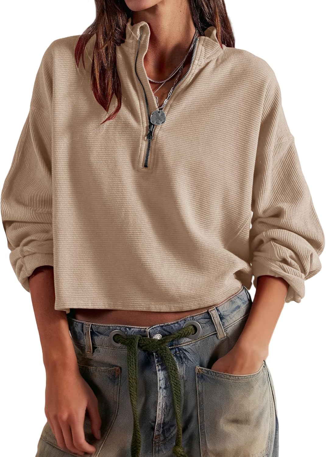 Uincloset Women's Half Zip Sweatshirts Cropped Long Sleeve Pullovers Oversized Casual Crop Tops - Image 3