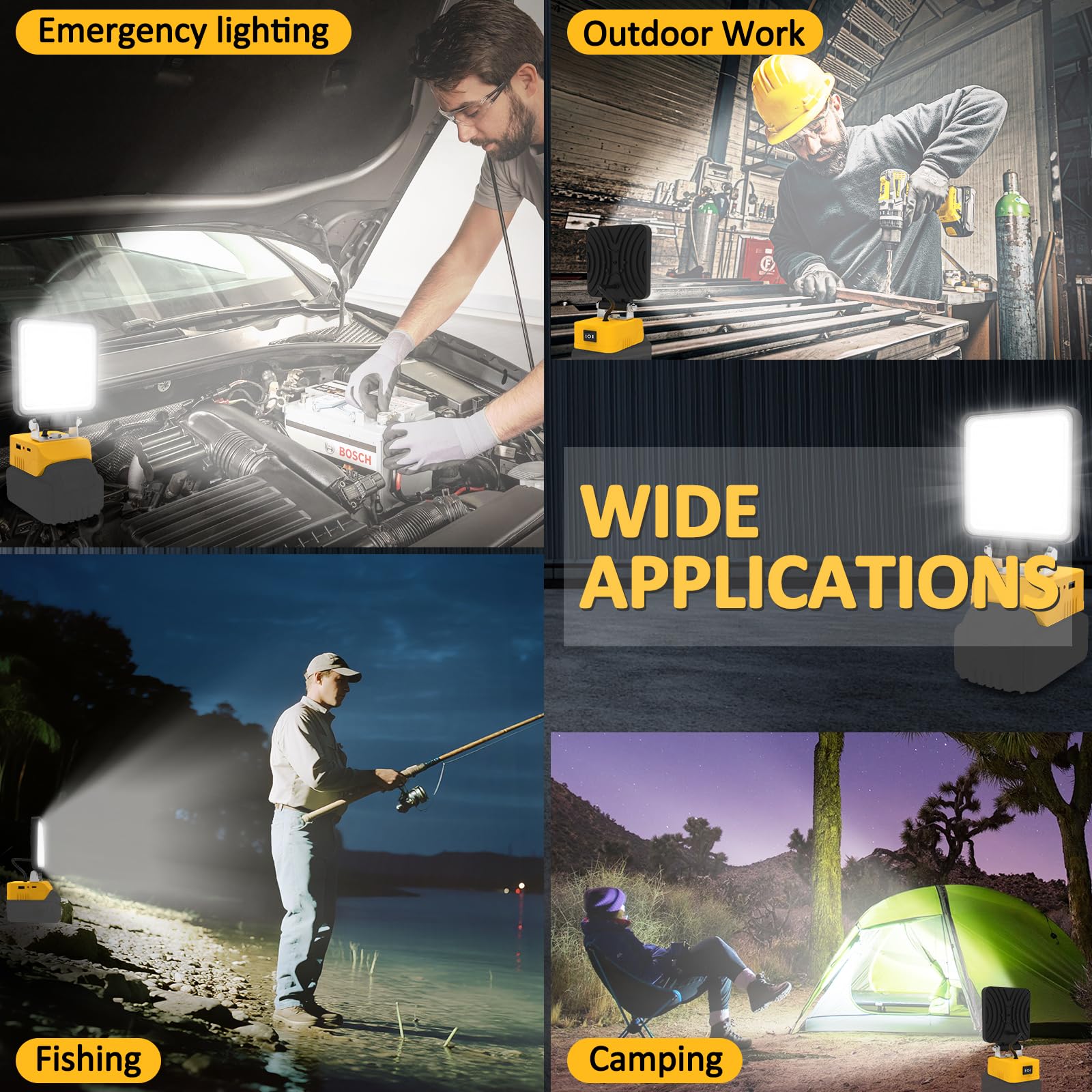 Luces LED Trabajo Compatible con Dewalt Batería 18V, T-SUNUS Lámparas de Trabajo Portátiles, 48W Foco LED Recargable 2 Brillos, para Jardines Camping Pesca Garajes Emergencia, 2 Piezas (Sin Batería)