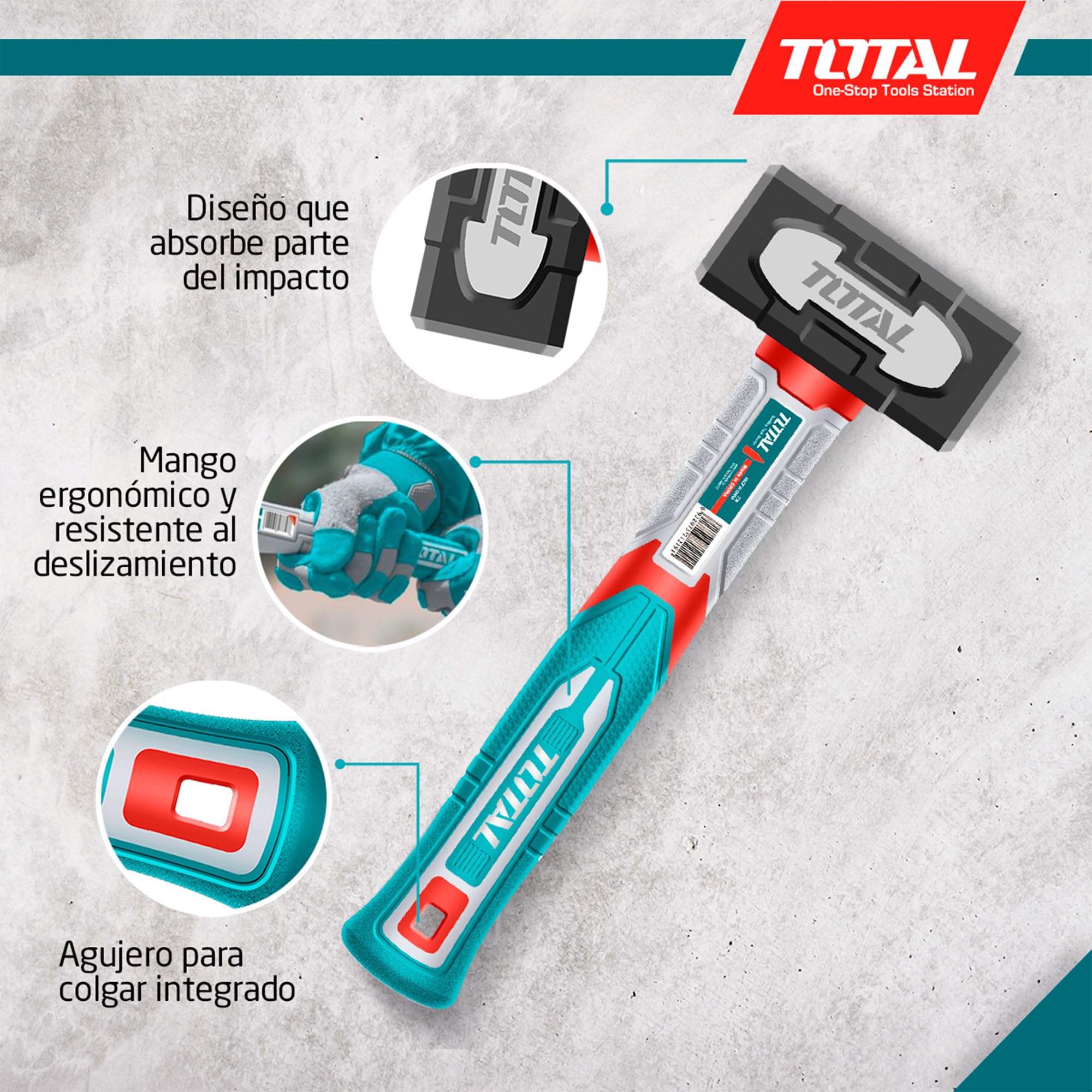 Mazza In Acciaio Total Tools 1000g - Testa Forgiati, Manico Ergonomico, Per Edilizia E Demolizione