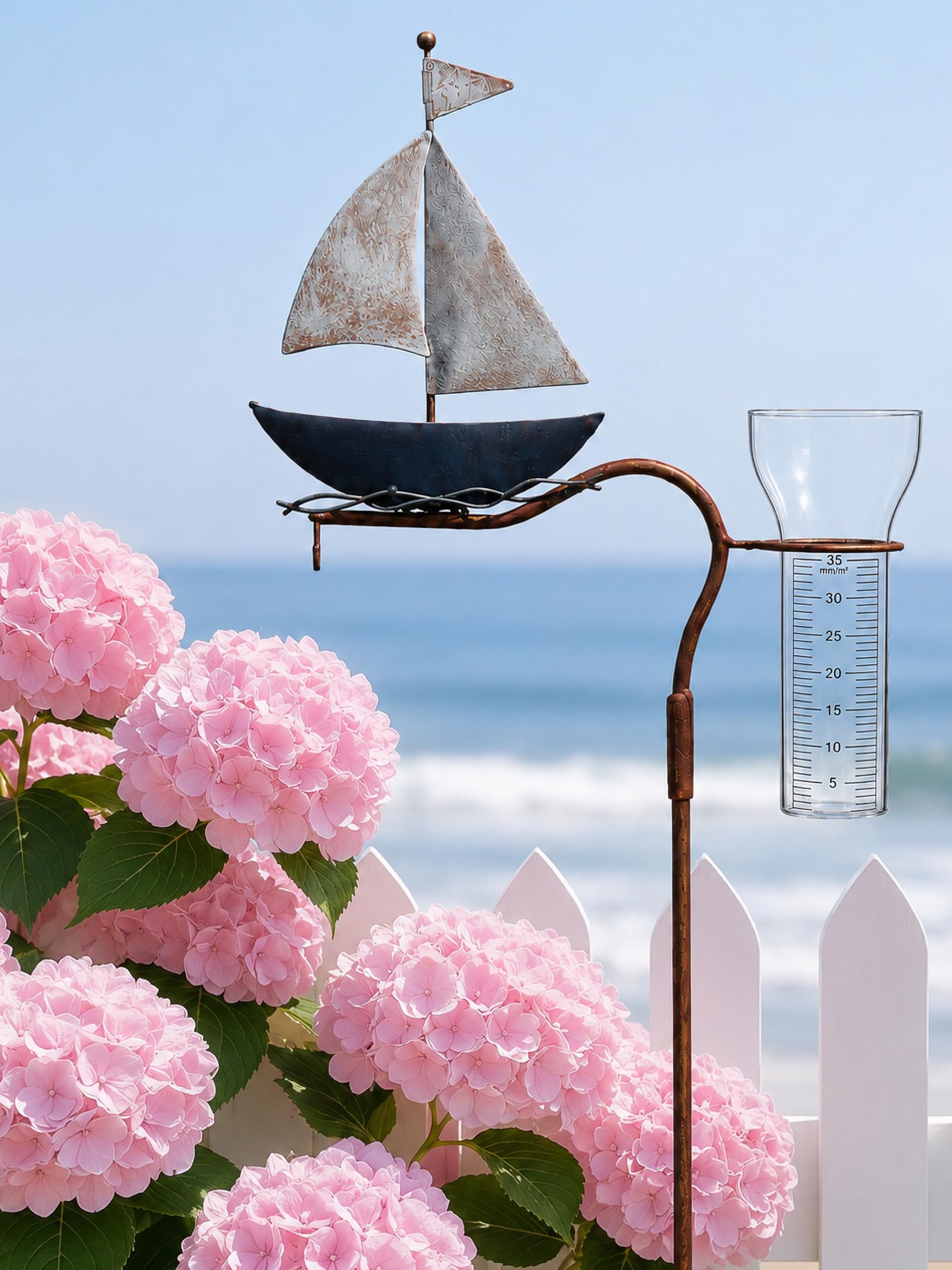 Pommerntraum ® | Regenmesser Niederschlagsmesser Pluviometer maritimer Gartenstecker Segelschiff mit Meisenknödelhalter - tolle nautische Gartendekoration + Gartenteichdeko (Segelboot)