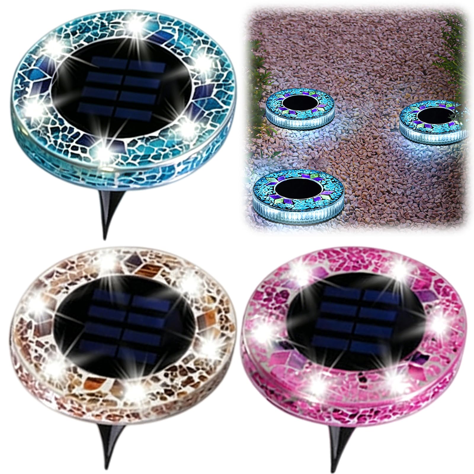 Mosaic Solar Disk Light, Waterproof Outdoor Glass LED Garden Stake Lighting, Colorful Landscape Yard Decor for Walkway, Patio & Lawn, Auto On/Off Decorative Driveway Lamps