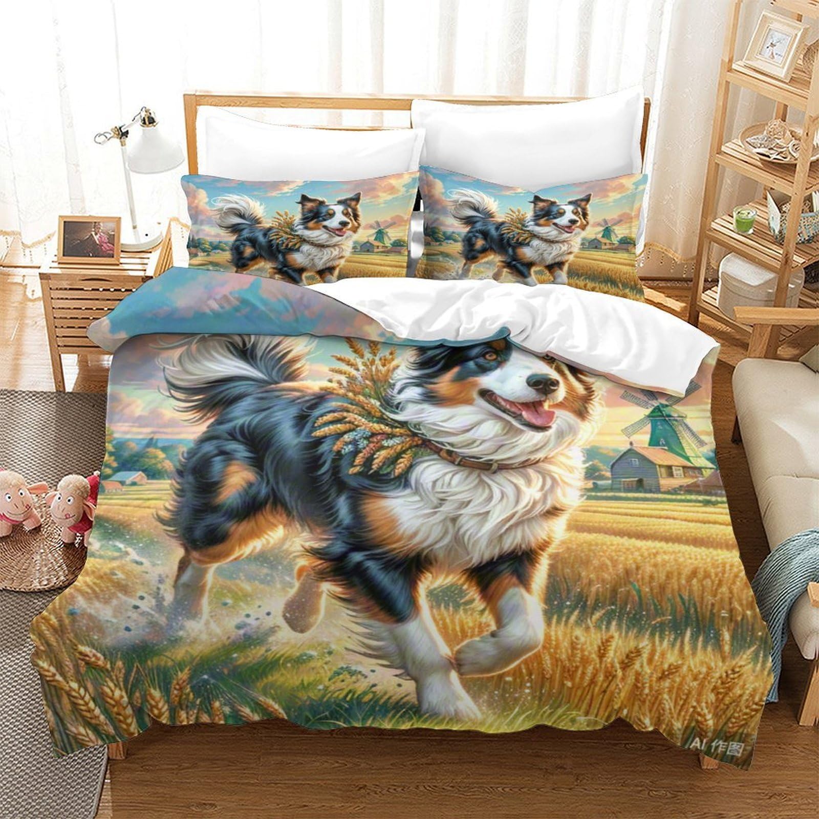 Housse de couette Border Collie 140x200 en microfibre pour lit enfant et ado