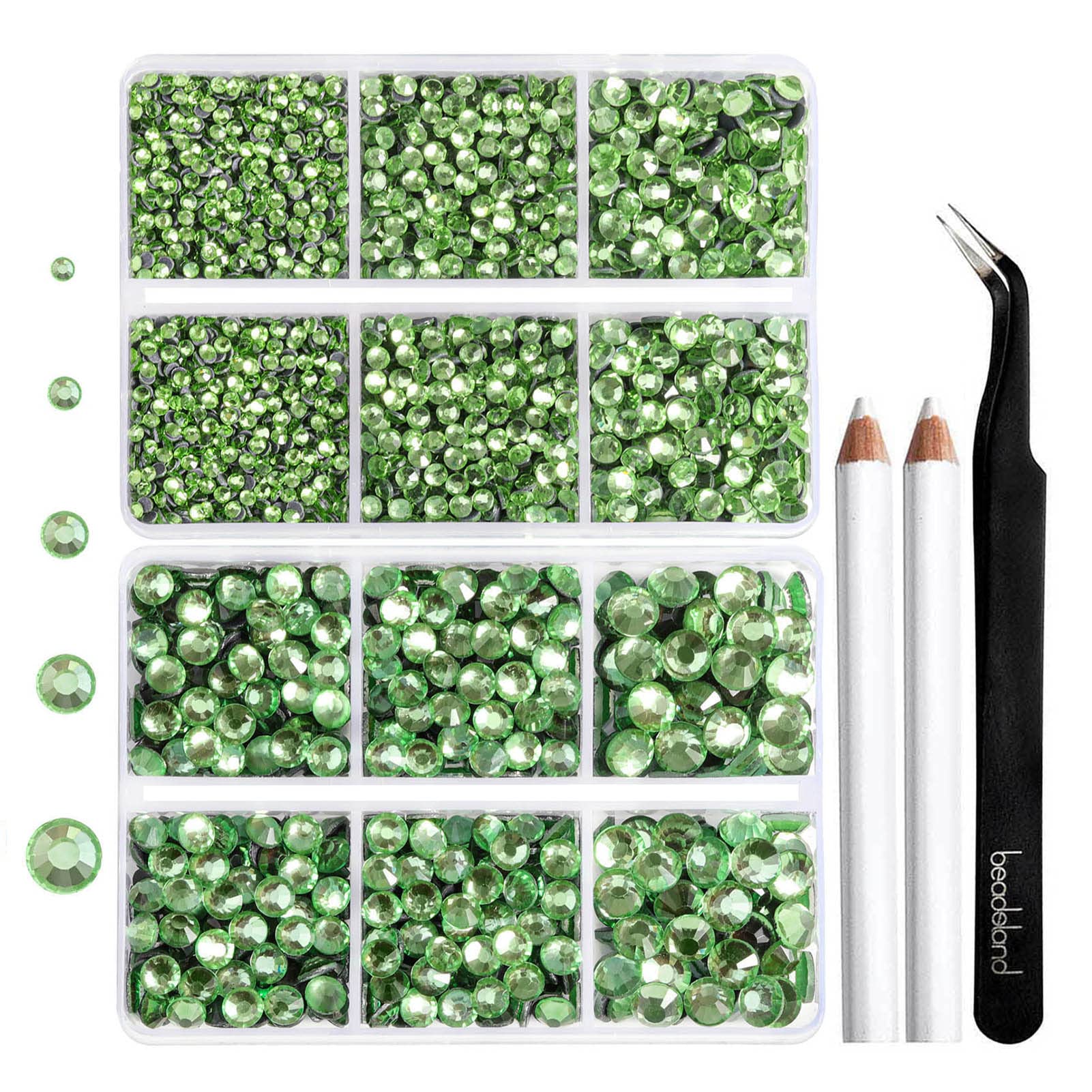 6736pcs Hotfix Rhinestones Flatback,Light Green Rhinestones for Crafts Clothes Mixed 5 Sizes, Hotfix Crystals with Tweezers and Wax Pencil Kit, SS6-SS30,Peridot/Light Green — image 1