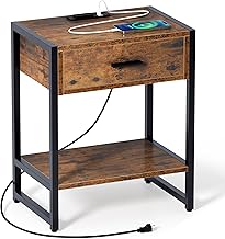 SogesHome Nightstand with Charging Station End Table with Storage Shelf and Drawer 2-Tier Bedside Table Sofa Side Table with USB Ports and Outlets for Small Spaces Living Room Bedroom