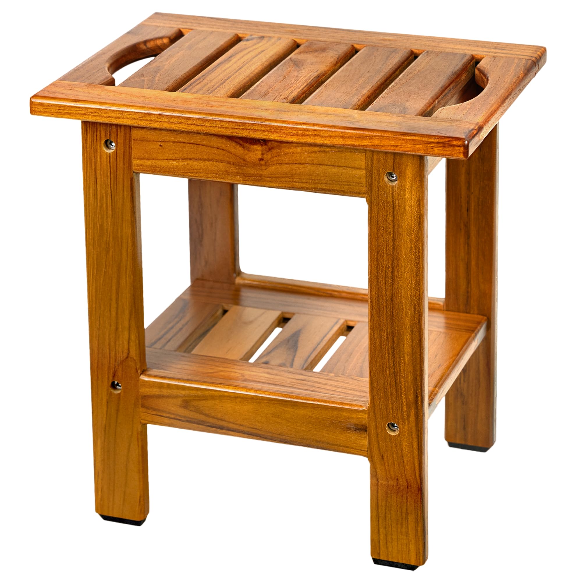 VaeFae Piccolo Sgabello Bagno in Teak per Doccia, Leggero Panca Bagno in Legno, Dotato di Ripiano Portaoggetti e Piedini Antiscivolo, Portatile per Bagno, Soggiorno, Camere da Letto, Balcone