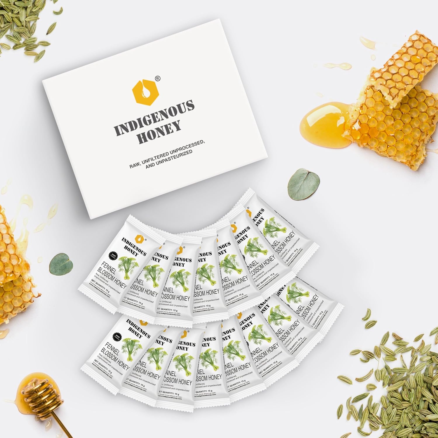 INDIGENOUS HONEY Raw Fennel Honey Pure Organic Natural Unprocessed Added Sugar Free NMR Tested Unpasteurized Unheated 15 Travel Sachets 15g Each Total 225g