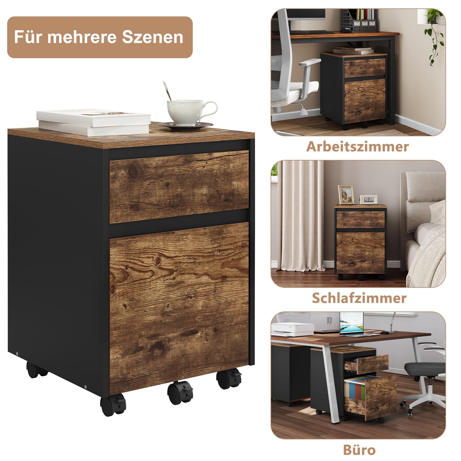 WOLTU Cassettiera Scrivania con 2 Cassetti, Schedario con Rotelle, Schedario da Ufficio A4, in Legno PB, Effetto Legno Vintage, 40x40x56cm, ASK11hov