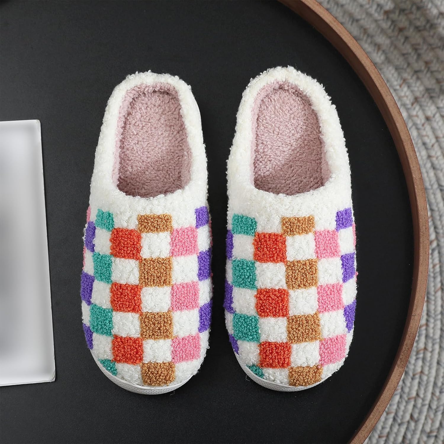 Halloween Christmas Slippers Checkered Scuff for Women and Men Holiday Indoor Bedroom Fluffy Warm Fleece Slippers Winter Soft Cozy Home Non-Slip Soft Plush Slip-on Wool Lined House Shoes - Image 2