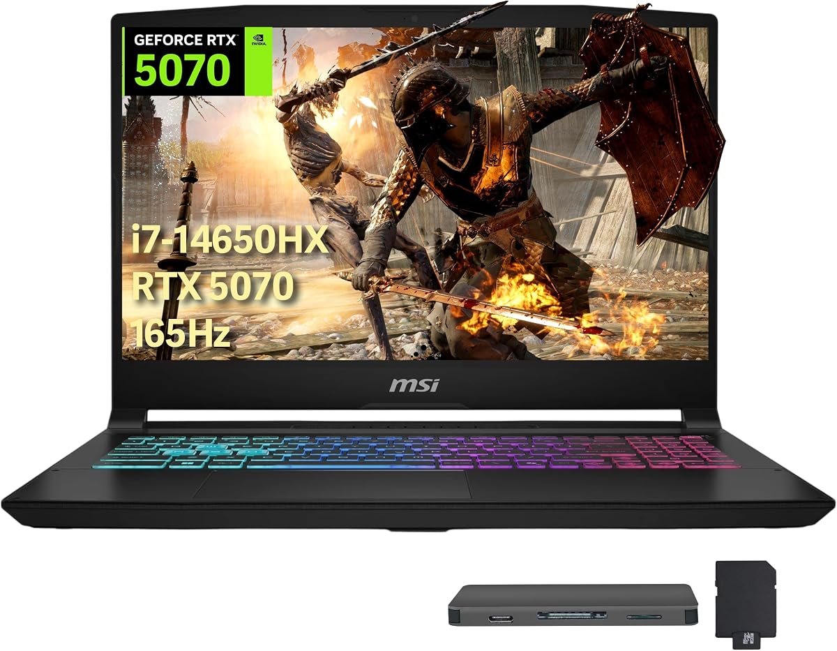 msi Katana 15.6" QHD 165Hz Laptop para juegos, Intel i7-14650HX, NVIDIA GeForce RTX 5070 8GB GDDR7, 64GB DDR5, 4TB SSD, teclado retroiluminado RGB, Wi-Fi 6E, Windows 11 Pro, negro, juego de estación de acoplamiento de 1TB