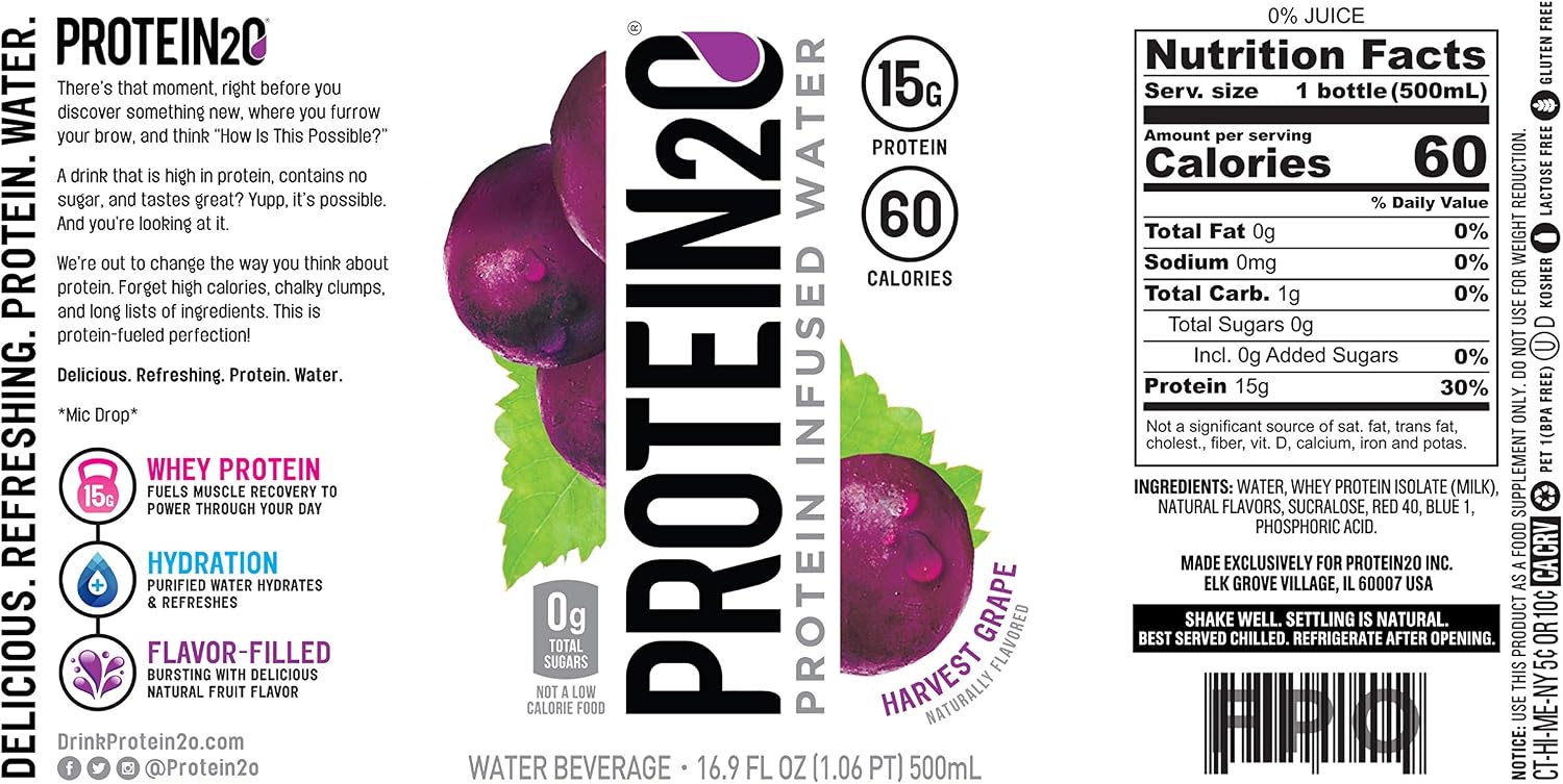 Protein2o 15g Whey Protein Isolate Infused Water, Ready To Drink, Sugar Free, Gluten Free, Lactose Free, Harvest Grape