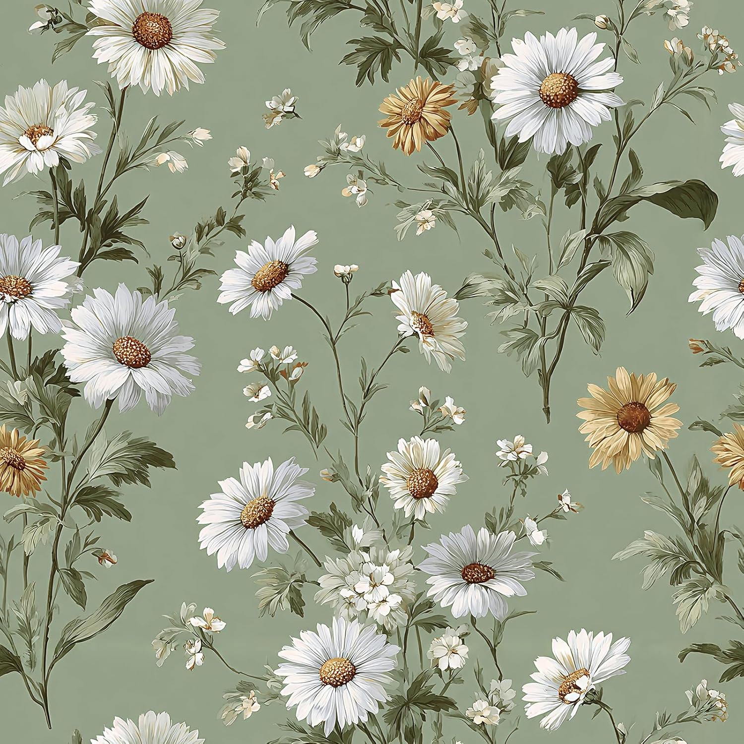 Livebor Floral Peel and Stick Wallpaper Daisy Floral Contact Paper 16.9in x118.1in Green Flower Wallpaper Peel and Stick Modern Flower Self Adhesive Removable Wall Paper for Bedroom Decorative Vinyl