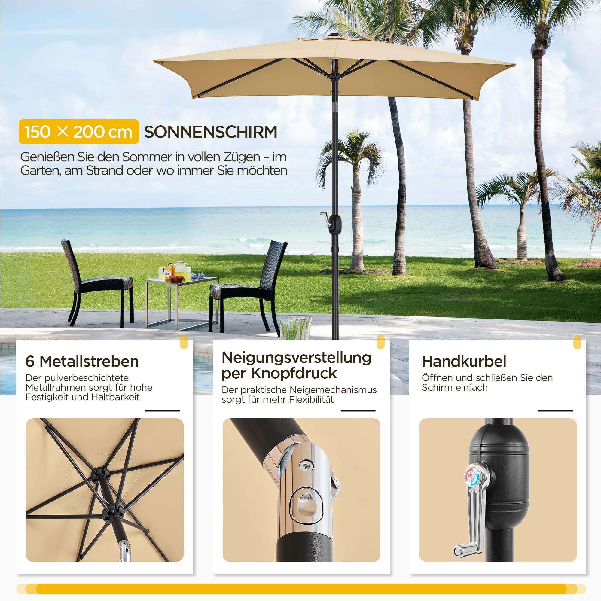 Yaheetech Sombra Amplia Rectangular 227 cm con Ajuste Solar, para Jardín, Terraza, Balcón, Playa - Incluye Manivela, Resistente al Viento, Fácil Instalación Tan - 5