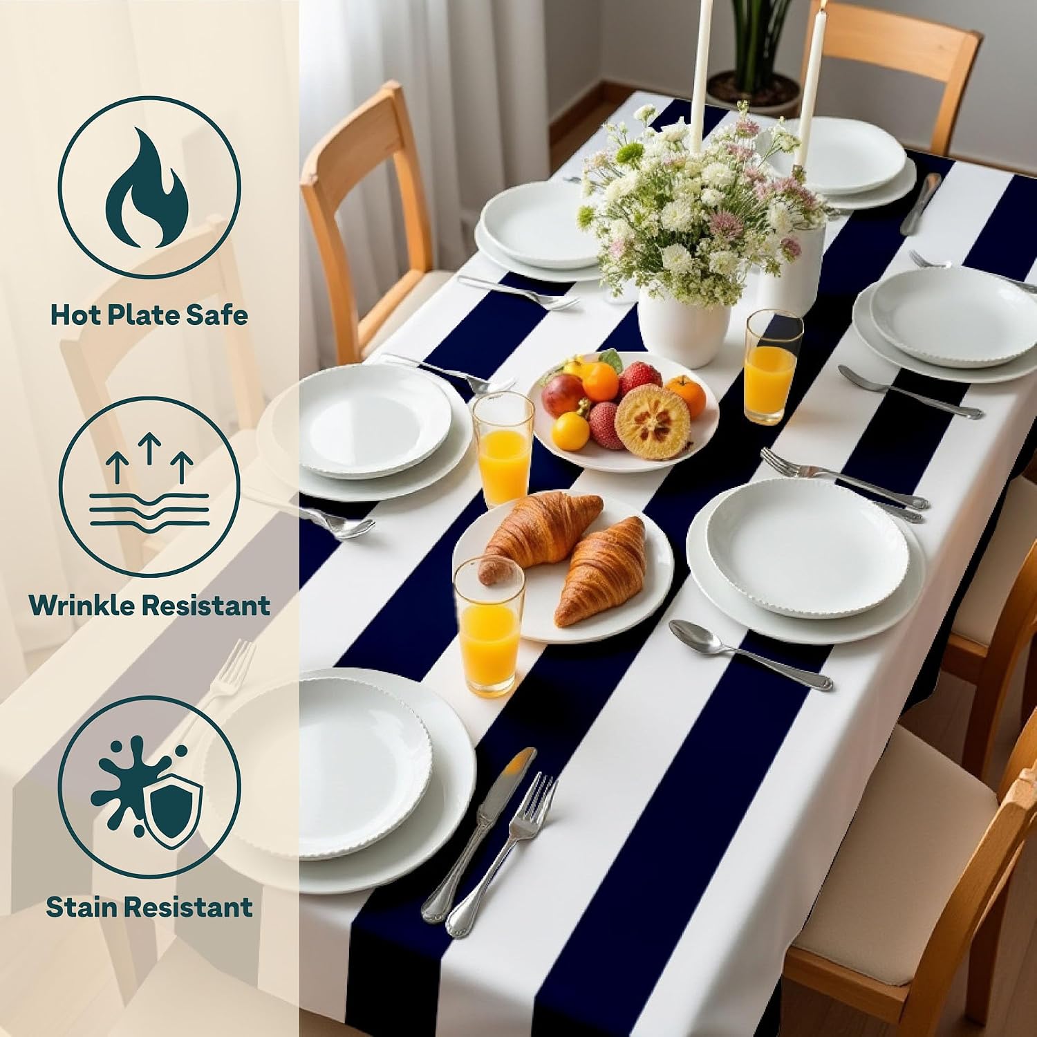 Fabric Textile Products | Navy and White Striped Tablecloth | Cabana Rectangular Tablecloth | 60" x 104" | Machine Washable and Stain-Resistant for Easy Care | Made in The USA