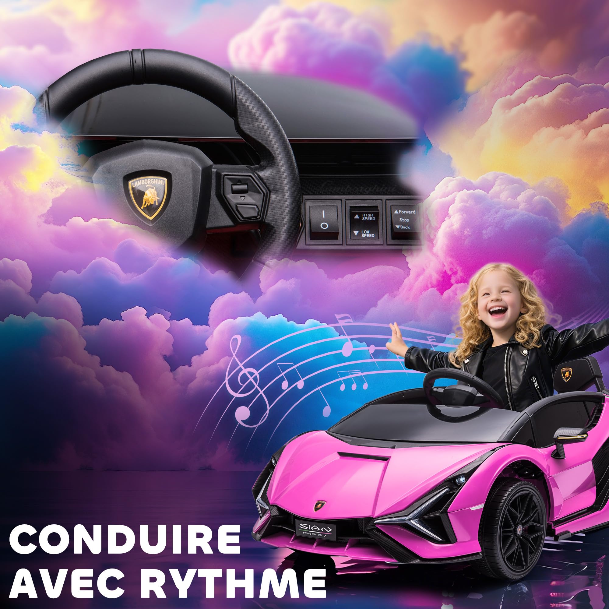 HOMCOM Voiture électrique Enfants de Sport Véhicule électrique Lamborghini Sian 12 V - V. Max. 5 Km/h avec Télécommande 2,4G Effets sonores + Lumineux Rose