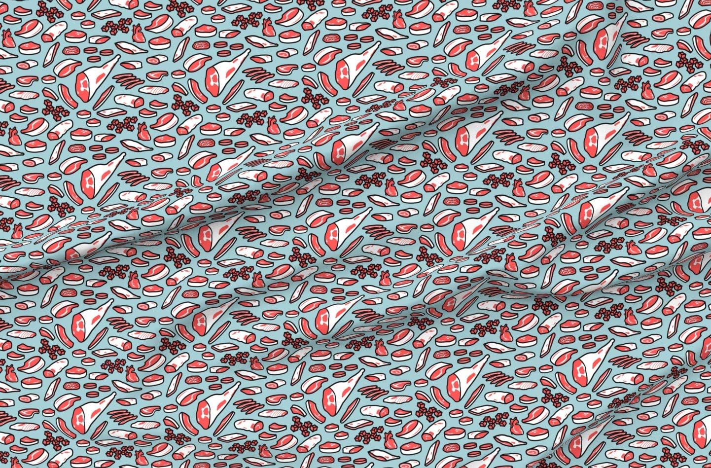Spoonflower Fabric - Blue Retro Meat Print Vintage Beef Bacon Food Printed on Organic Cotton Sateen Fabric by The Yard - Sewing Quilting Apparel Home Decor