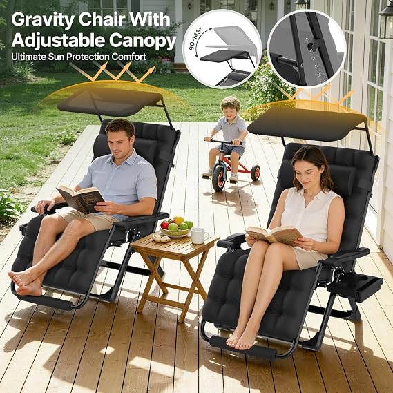 Suteck Zero Gravity Chair with Canopy,33In XXL Oversized Lounge Chair w/Removable Cushion&Headrest, Upgraded Lock and Footrest, Folding Reclining Patio Chairs Recliner for Indoor Outdoor