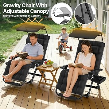 Suteck Zero Gravity Chair with Canopy,33In XXL Oversized Lounge Chair w/Removable Cushion&Headrest, Upgraded Lock and Footrest, Folding Reclining Patio Chairs Recliner for Indoor Outdoor