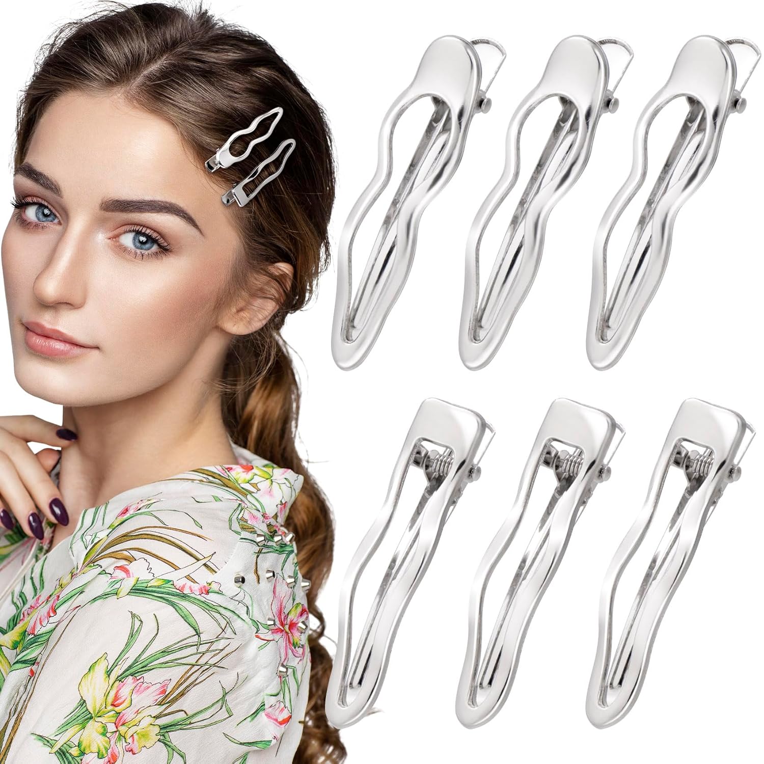 HINZIC 6 PCS Wave Hair Clips Silver Alligator Clips for
