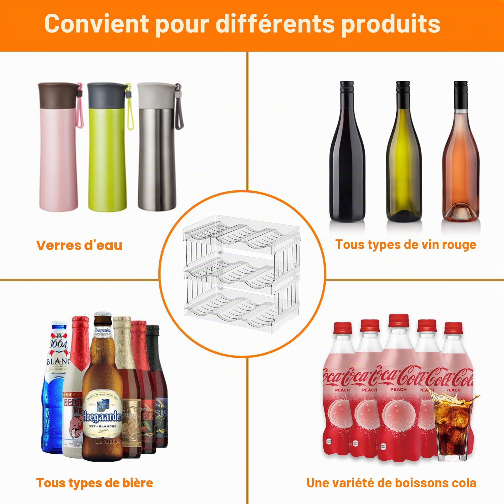 Porte Range Bouteille en Plastique 2 Pièces Moderne Étagère Gourdes Empilable Casier à Bouteille pour Lot de 6 Vin ou Autre Boisson Transparent Casier Bouteille d'eau Boîte pour Cuisine Armoire Frigo