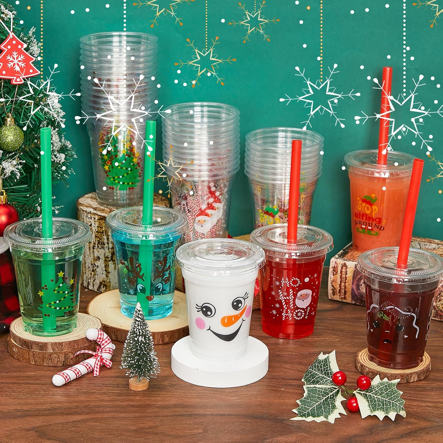 Zhehao 50 Set Christmas Plastic Cups Bulk 12 oz Clear Disposable Christmas Cups with Lids and Straws Santa Snowman Xmas Tree for Party Beverages Juice Coffee Drinks - Image 5
