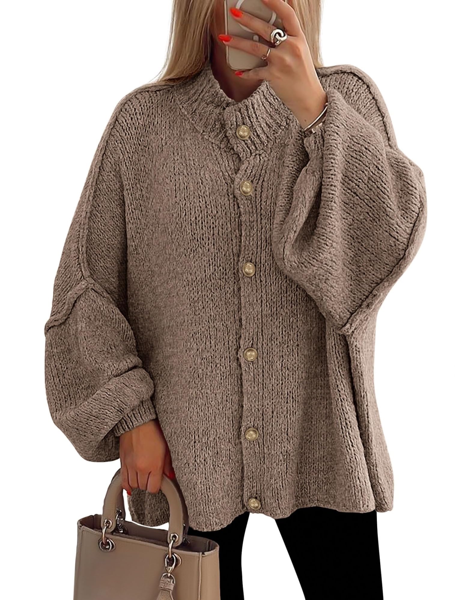 Women's Winter Button Down Cardigan Sweaters Mock Neck Lantern Long Sleeve Chunky Knit Jacket Trendy Outerwear(Khaki,S)