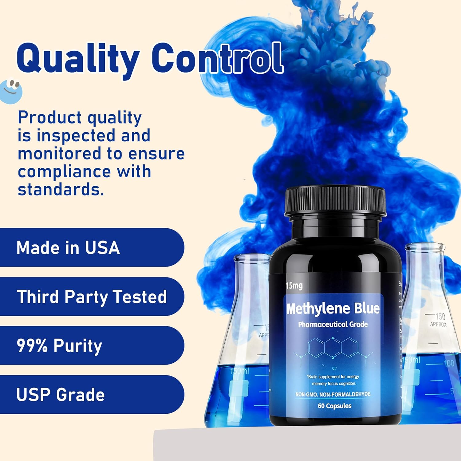 Methylene Blue Capsules, 99% Purity Pharmaceutical Grade Methylene Blue, 60 USP Grade for Improved Brain Absorption, Healthy Cellular, Focus, Clarity, Energy, Cognitive Support, Made in USA - Image 2